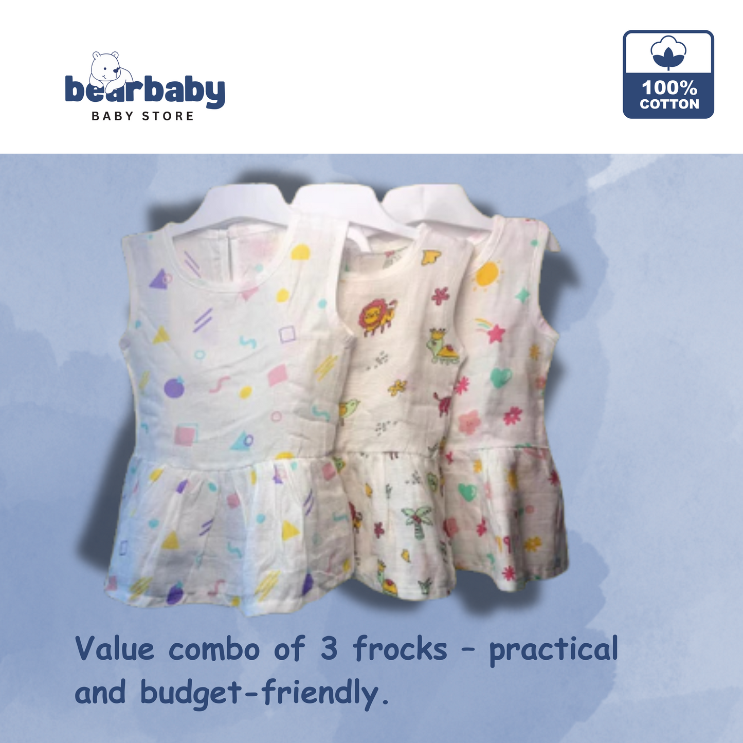 Baby Girl Organic Cotton Sleeveless Frock-Size6M-12M-Combo Pack of 3-Assorted Prints 3