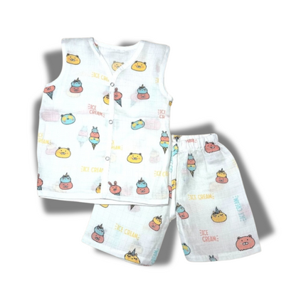 Baby Unisex Organic Cotton Muslin  Sleevless Jhabla & Payjama Set - Size 9m-12m-Ice Cream Print
