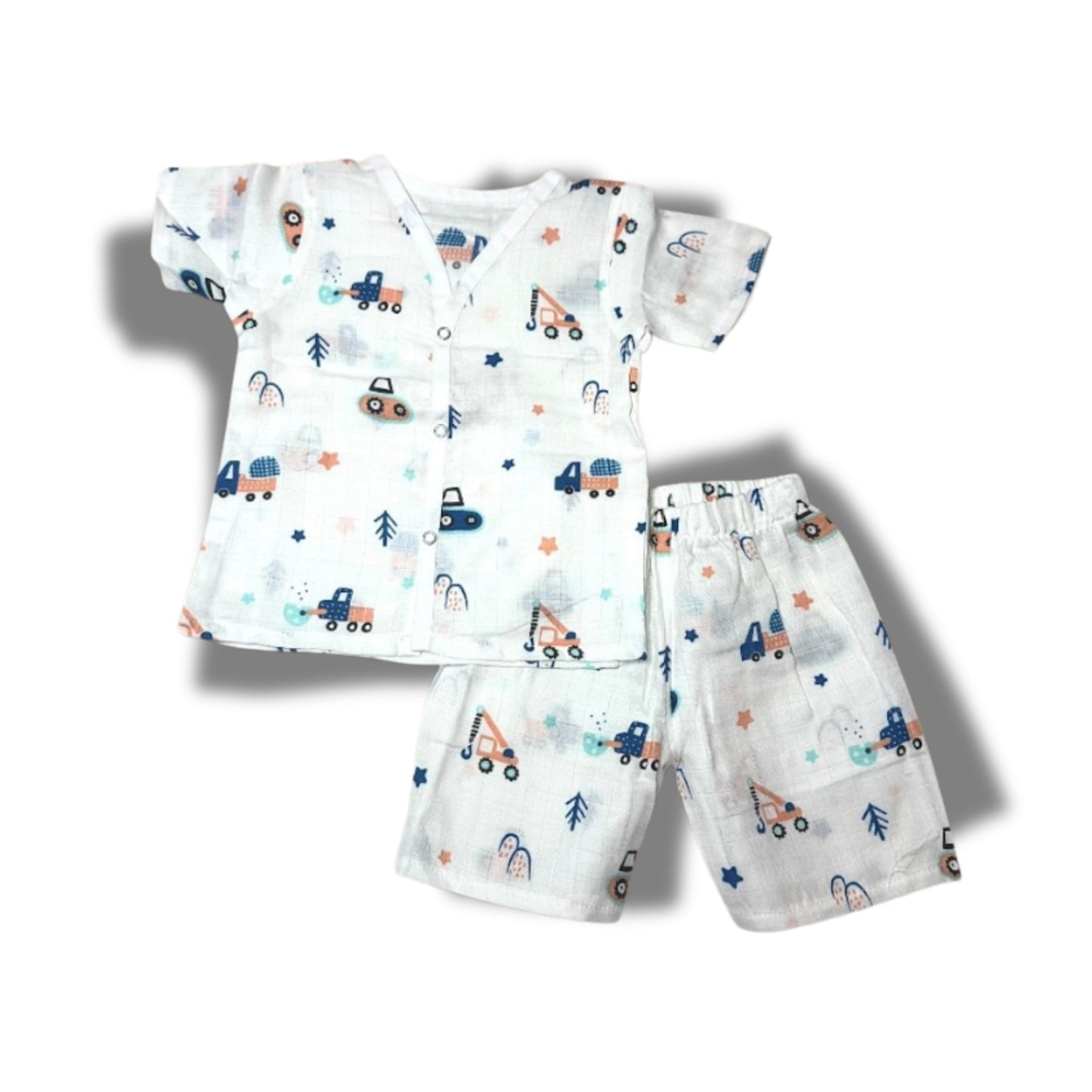 Baby Unisex Organic Cotton Muslin  Half Sleeves  Jhabla & Payjama Set - Size 6m-9m-Truck Print