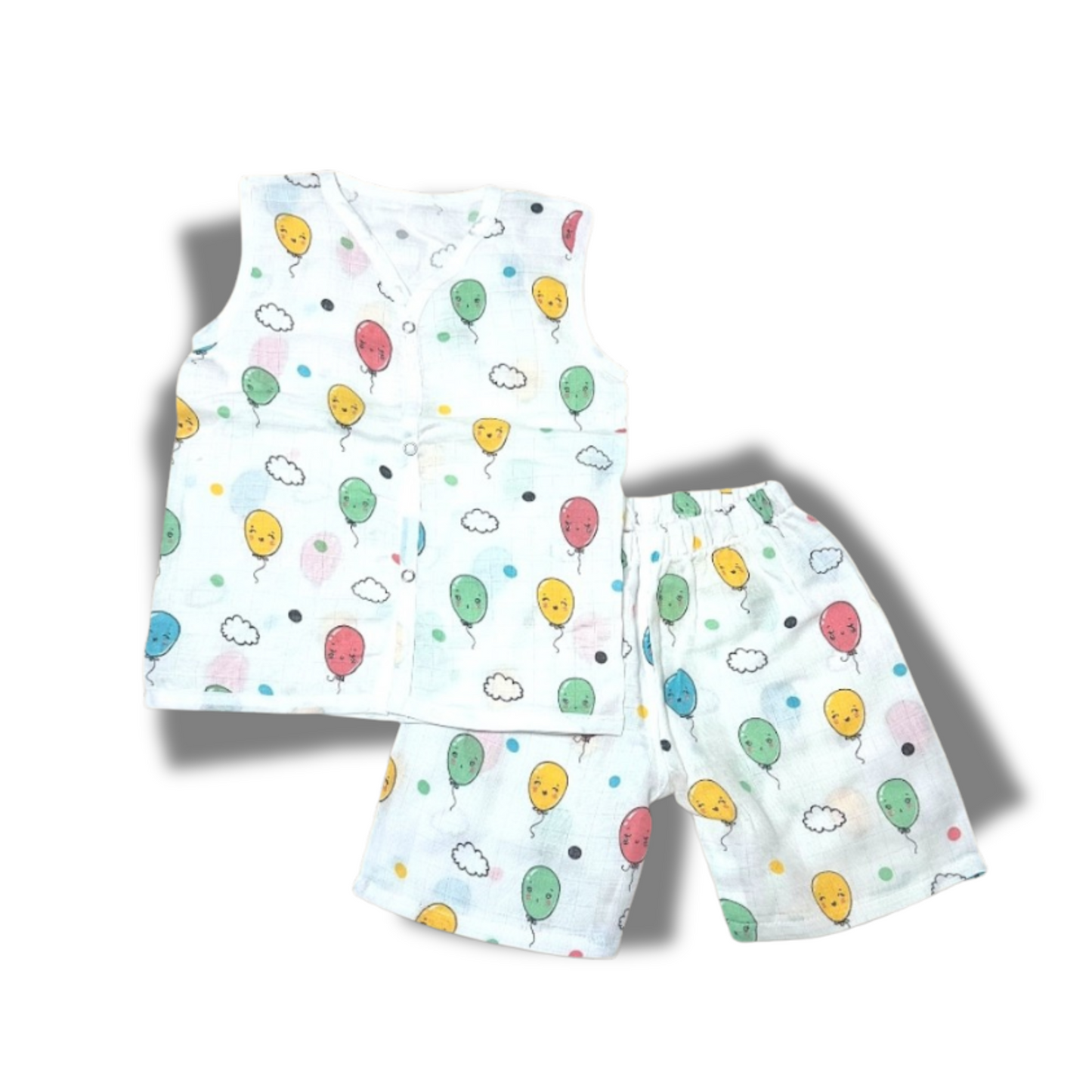 Baby Unisex Organic Cotton Muslin  Sleevless Jhabla & Payjama Set - Size 9m-12m-Balloon Print