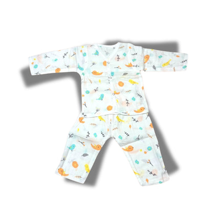 Baby Unisex Organic Cotton Muslin Full Sleeves Jhabla & Payjama Set - Size 9m-12m-Bird Print