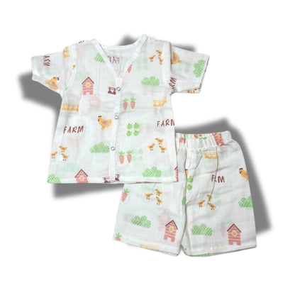 Baby Unisex Organic Cotton Muslin  Half Sleeves  Jhabla & Payjama Set - Size 6m-9m-Farm Print