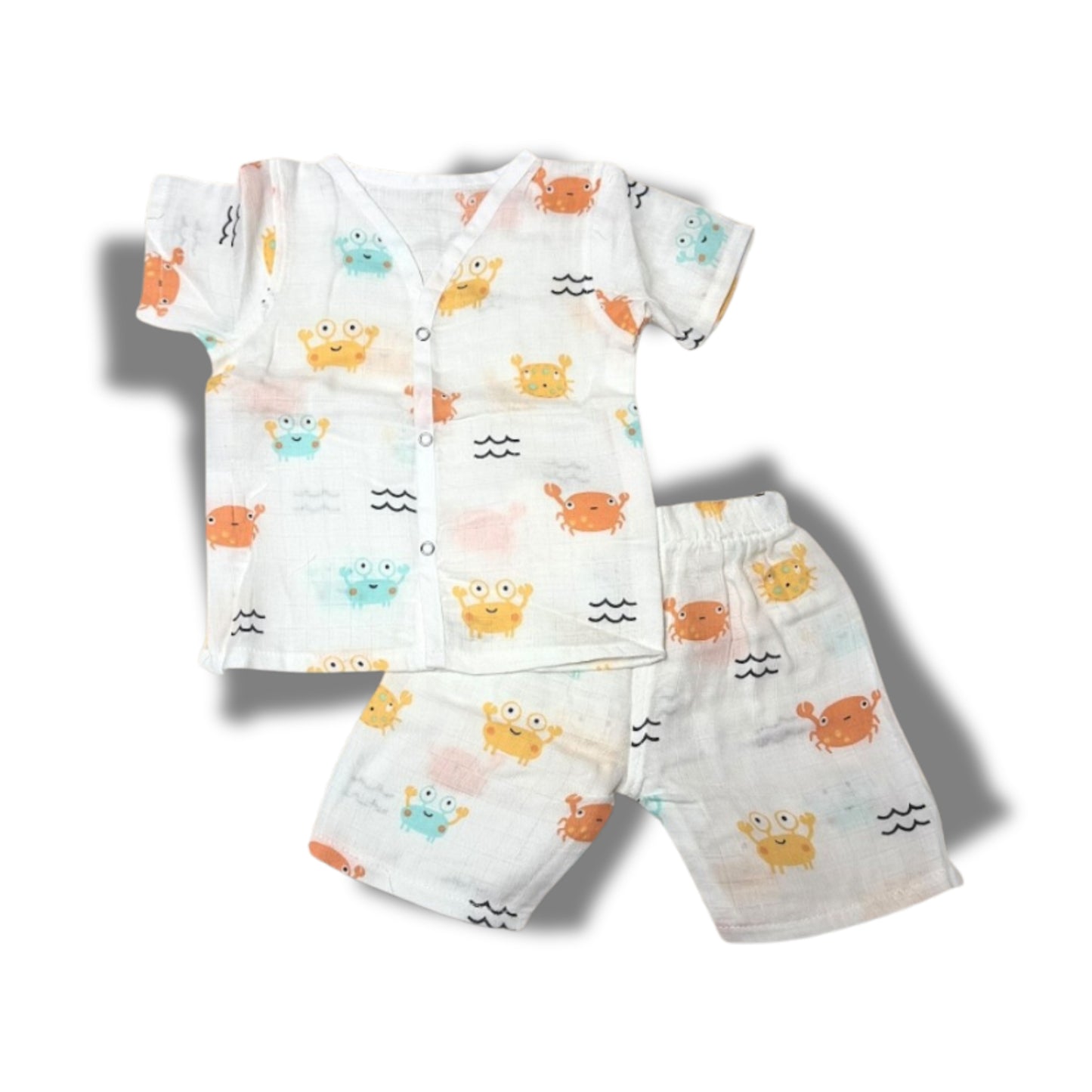 Baby Unisex Organic Cotton Muslin  Half Sleeves  Jhabla & Payjama Set - Size 6m-9m-Crab Print