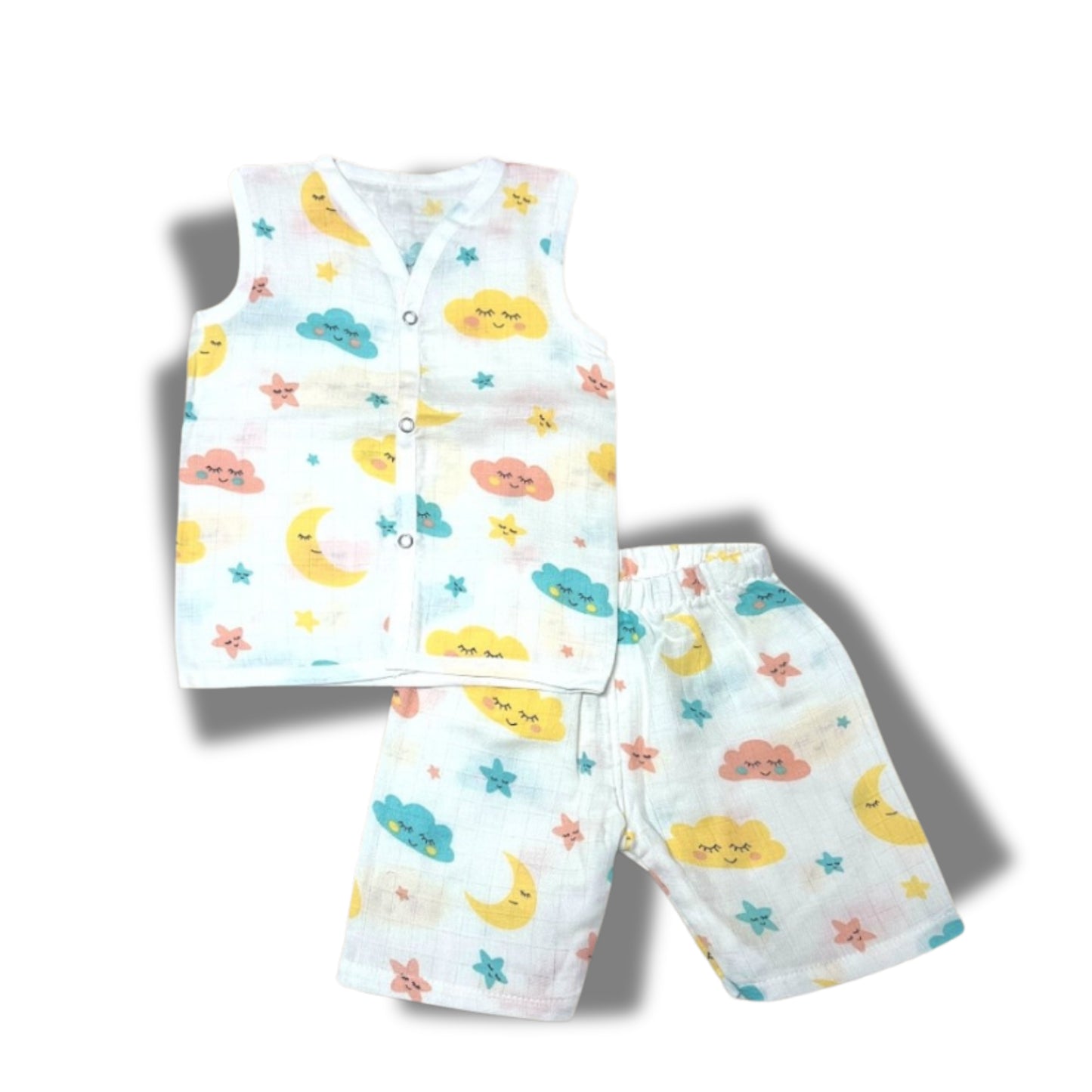 Baby Unisex Organic Cotton Muslin  Sleevless Jhabla & Payjama Set - Size 3m-6m-cloud Print