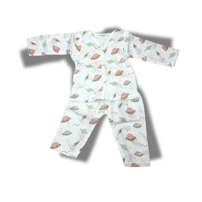 Baby Unisex Organic Cotton Muslin Full Sleeves Jhabla & Payjama Set - Size 6m-9m-Print2