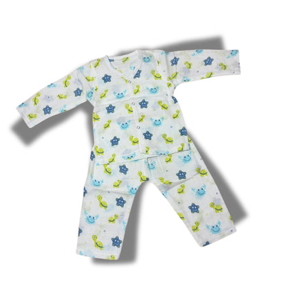 Baby Unisex Organic Cotton Muslin Full Sleeves Jhabla & Payjama Set - Size 9m-12m-Trutle Print