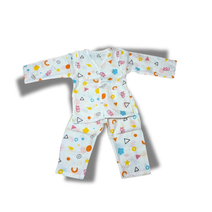 Baby Unisex Organic Cotton Muslin Full Sleeves Jhabla & Payjama Set - Size 9m-12m-Shape Pattern