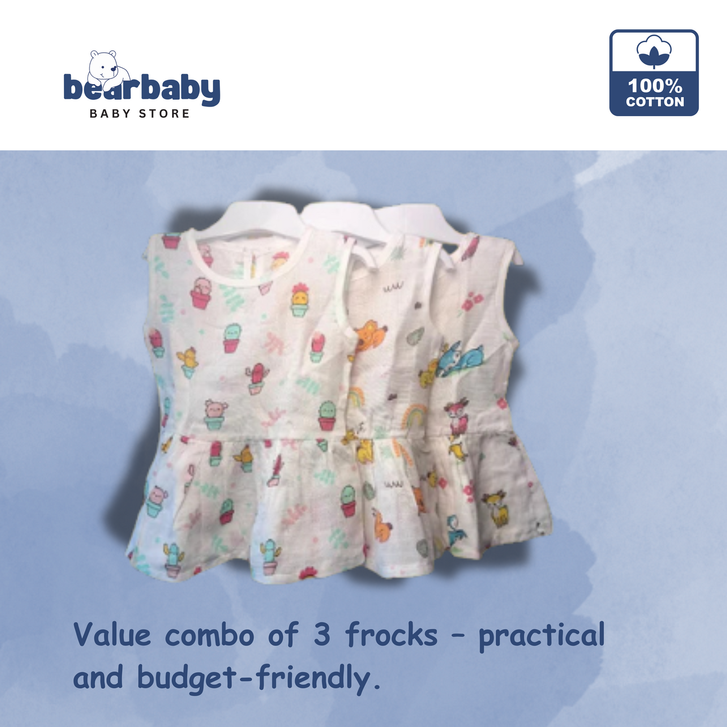 Baby Girl Organic Cotton Sleeveless Frock-Size6M-12M-Combo Pack of 3-Assorted Prints 4