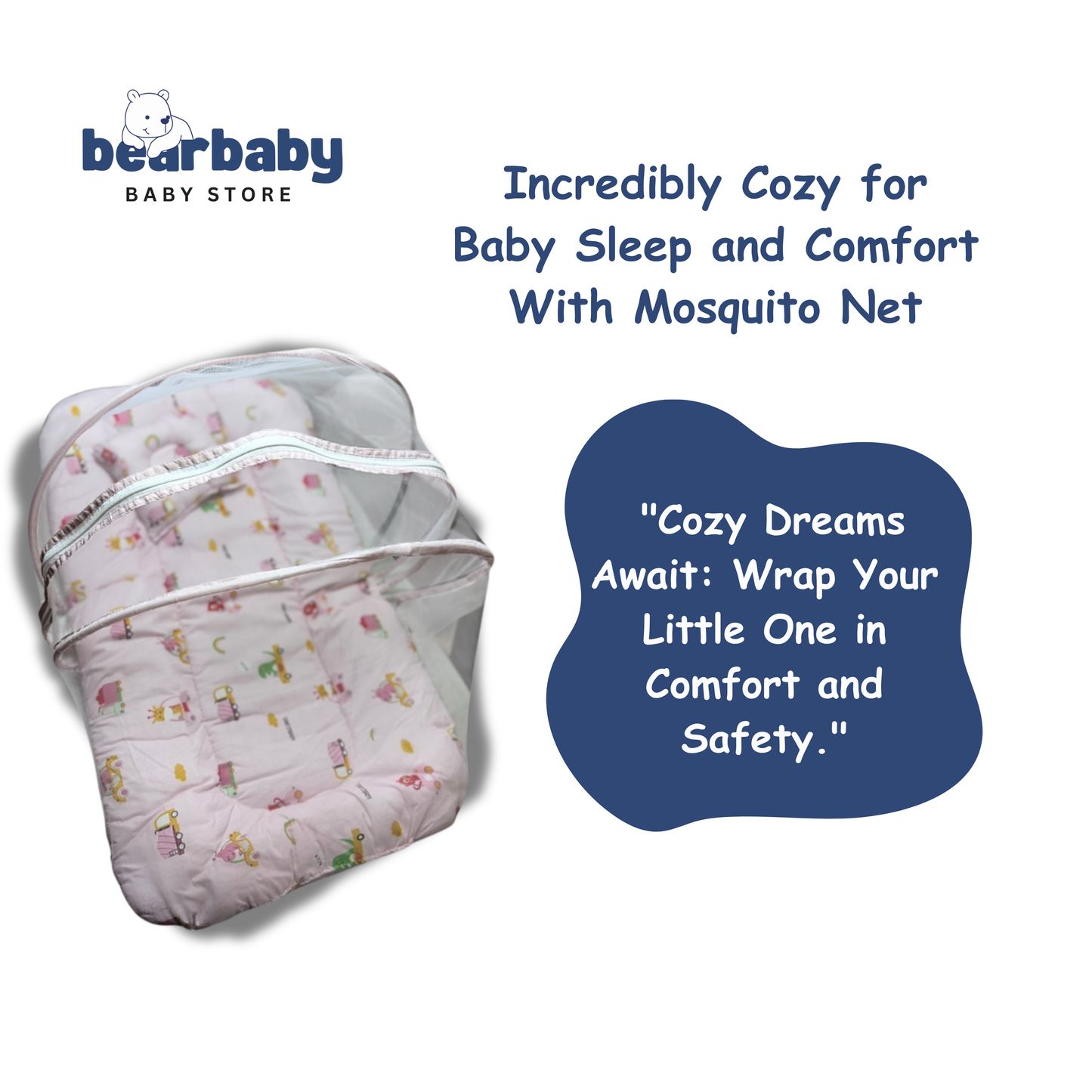 Baby Bed with Thick Mattress & Mosquito Net & Neck Pillowwith Zip Closure-Animal Print
