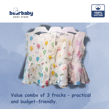 Baby Girl Organic Cotton Sleeveless Frock-Size6M-12M-Combo Pack of 3-Assorted Prints 2