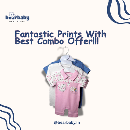 Baby Cotton Jumpsuit-UniSex 3m-6m-Combo Pack of 3-Assorted Prints 2