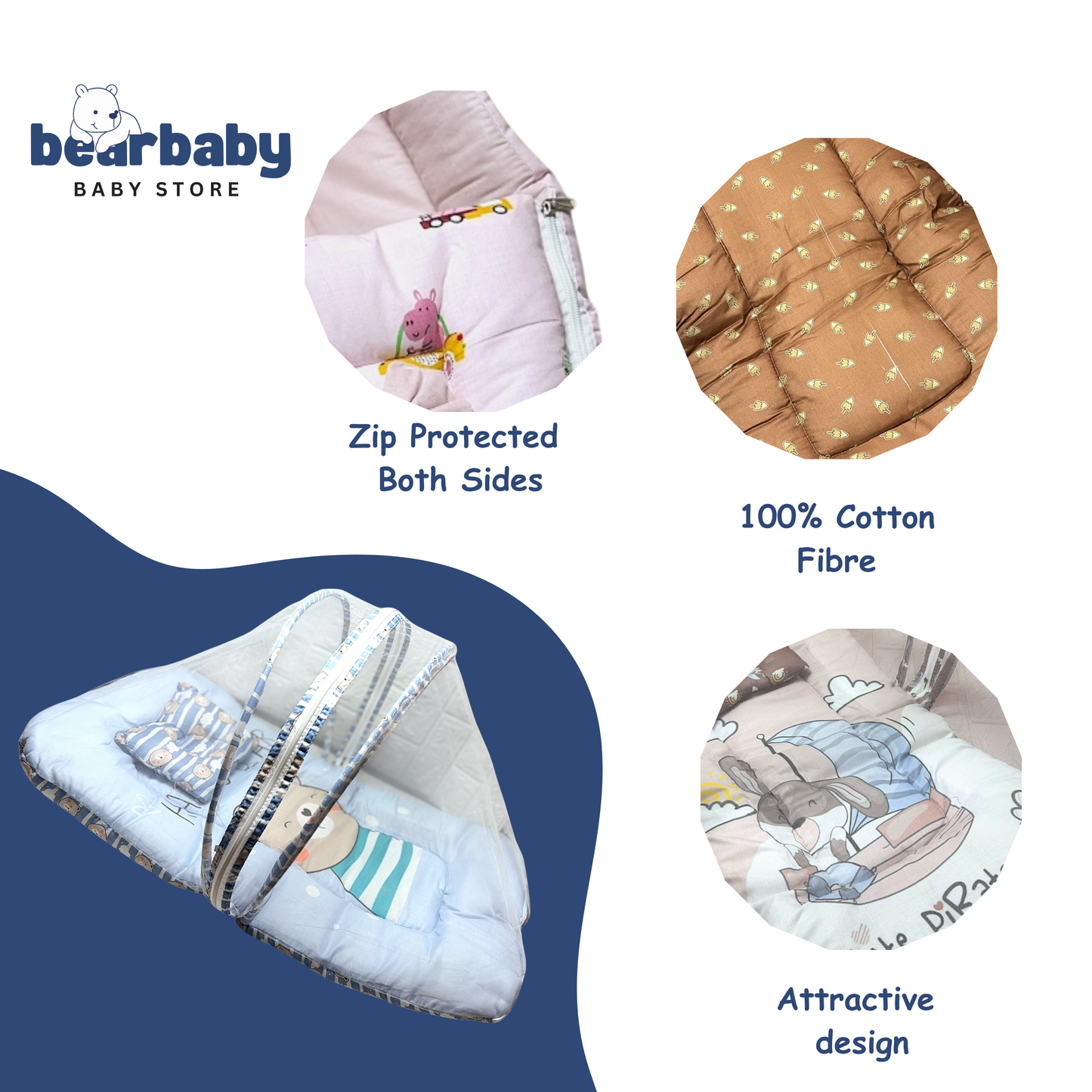 Baby Bed with Thick Mattress & Mosquito Net & Neck Pillowwith Zip Closure-Happy Bear