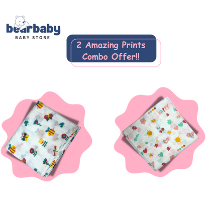 Muslin Towel for Newborn Baby-1Layer/Size 70cm*145cm-Combo Pack 2-Assorted Prints4