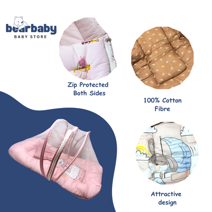 Baby Bed with Thick Mattress & Mosquito Net & Neck Pillowwith Zip Closure-Penguin Hello Winter