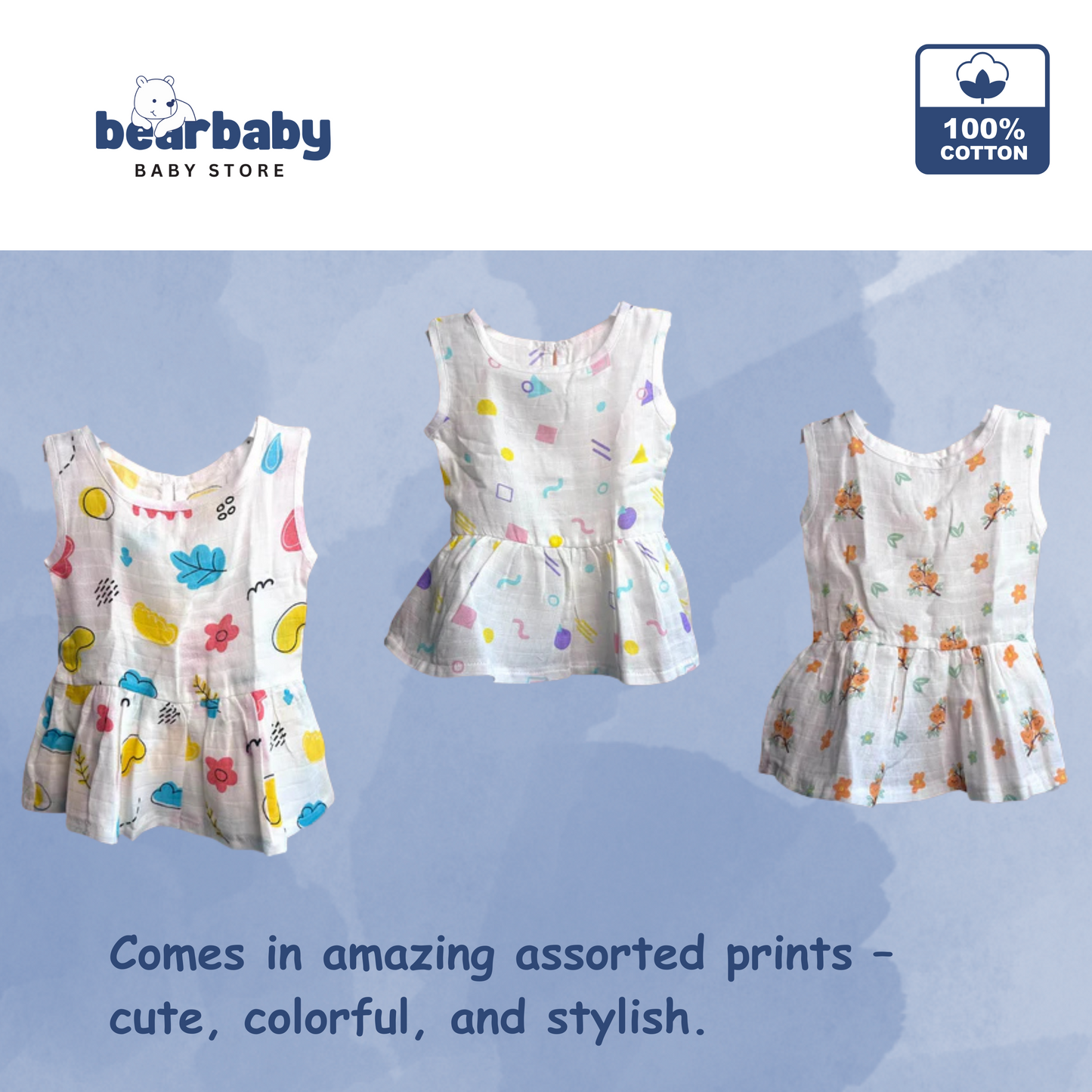 Baby Girl Organic Cotton Sleeveless Frock-Size(3M-6M)-Pack of 3-Assorted Prints 2