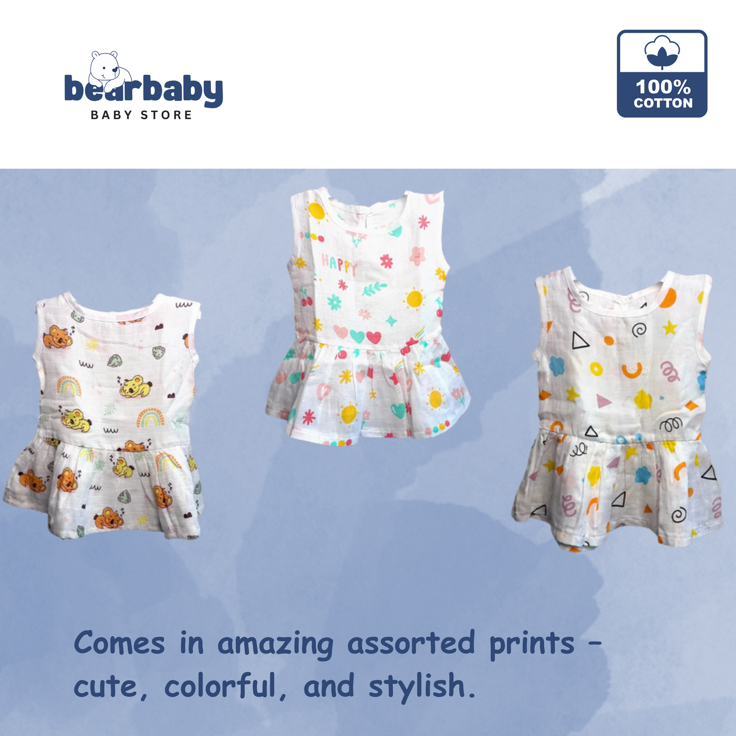 Baby Girl Organic Cotton Sleeveless Frock-Size(3M-6M)-Pack of 3-Assorted Prints 5