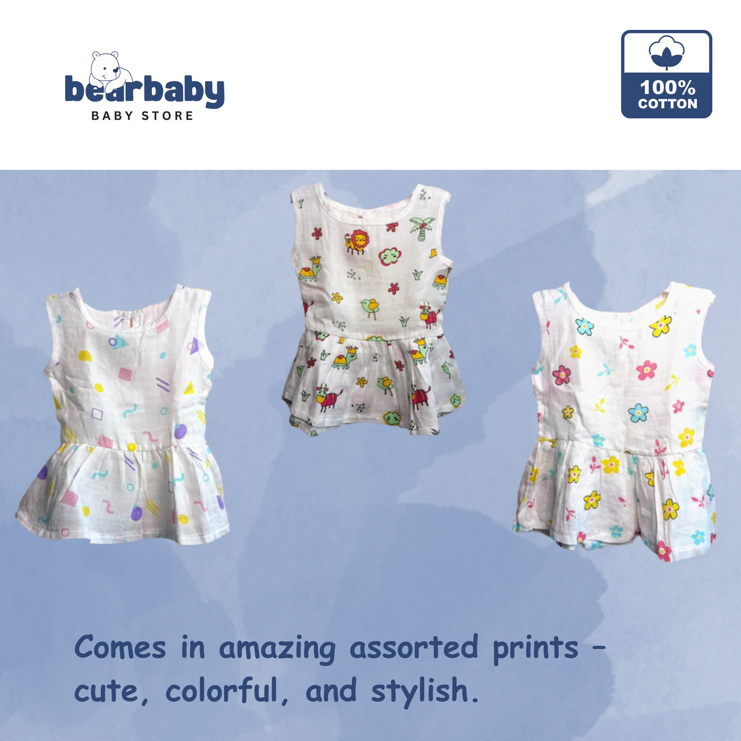 Baby Girl Organic Cotton Sleeveless Frock-Size6M-12M-Combo Pack of 3-Assorted Prints 3