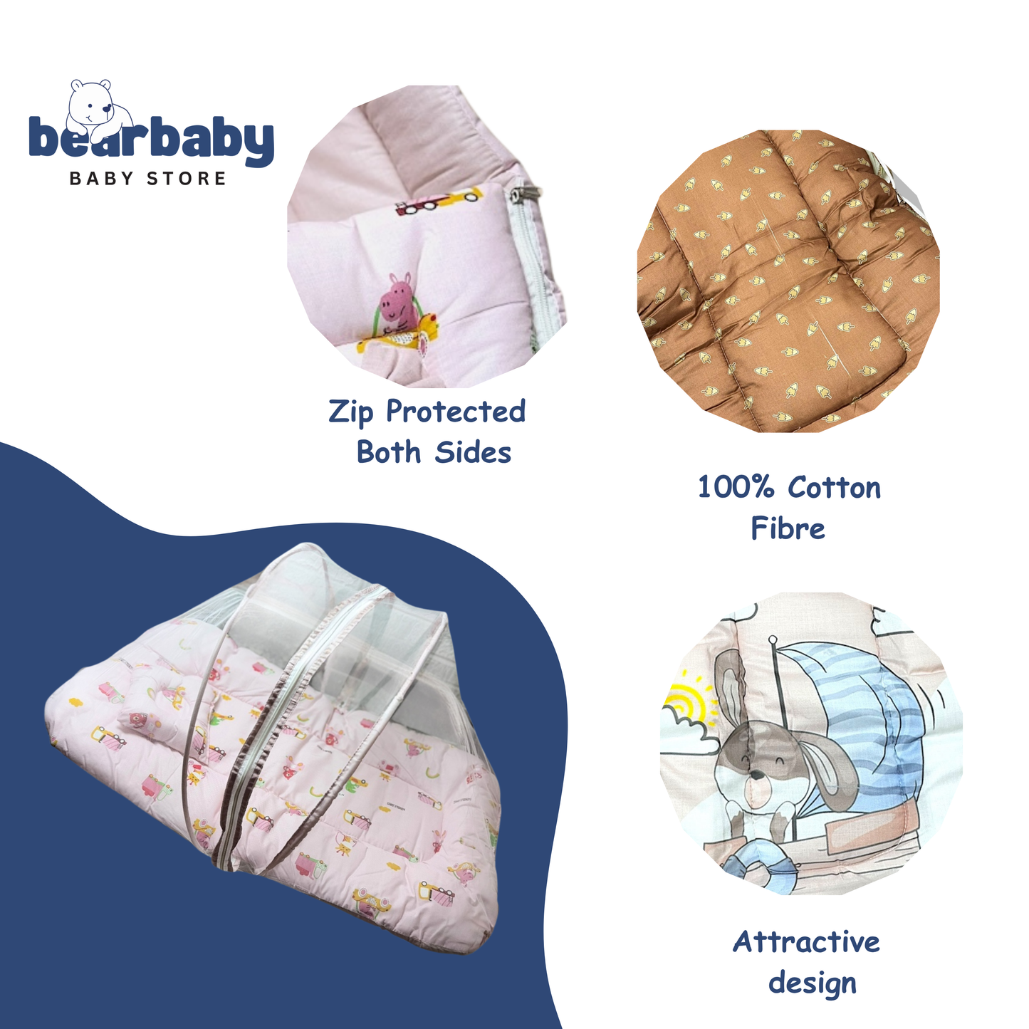 Baby Bed with Thick Mattress & Mosquito Net & Neck Pillowwith Zip Closure-Animal Print