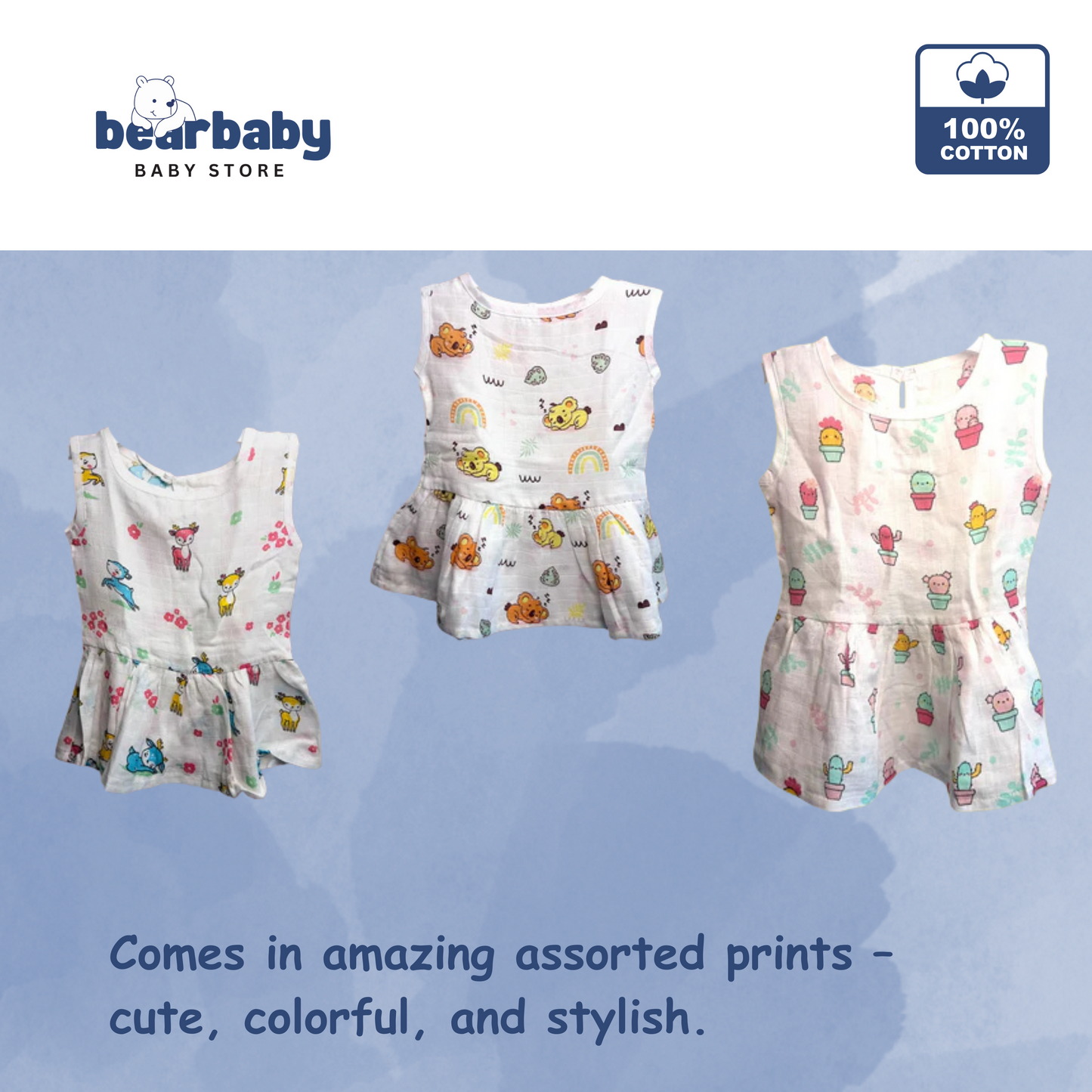 Baby Girl Organic Cotton Sleeveless Frock-Size6M-12M-Combo Pack of 3-Assorted Prints 4
