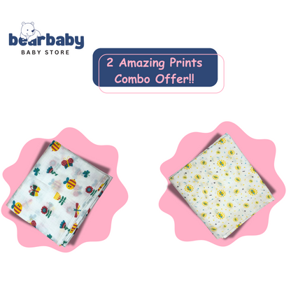 Muslin Towel for Newborn Baby-1Layer/Size 70cm*145cm-Combo Pack 2-Assorted Prints1