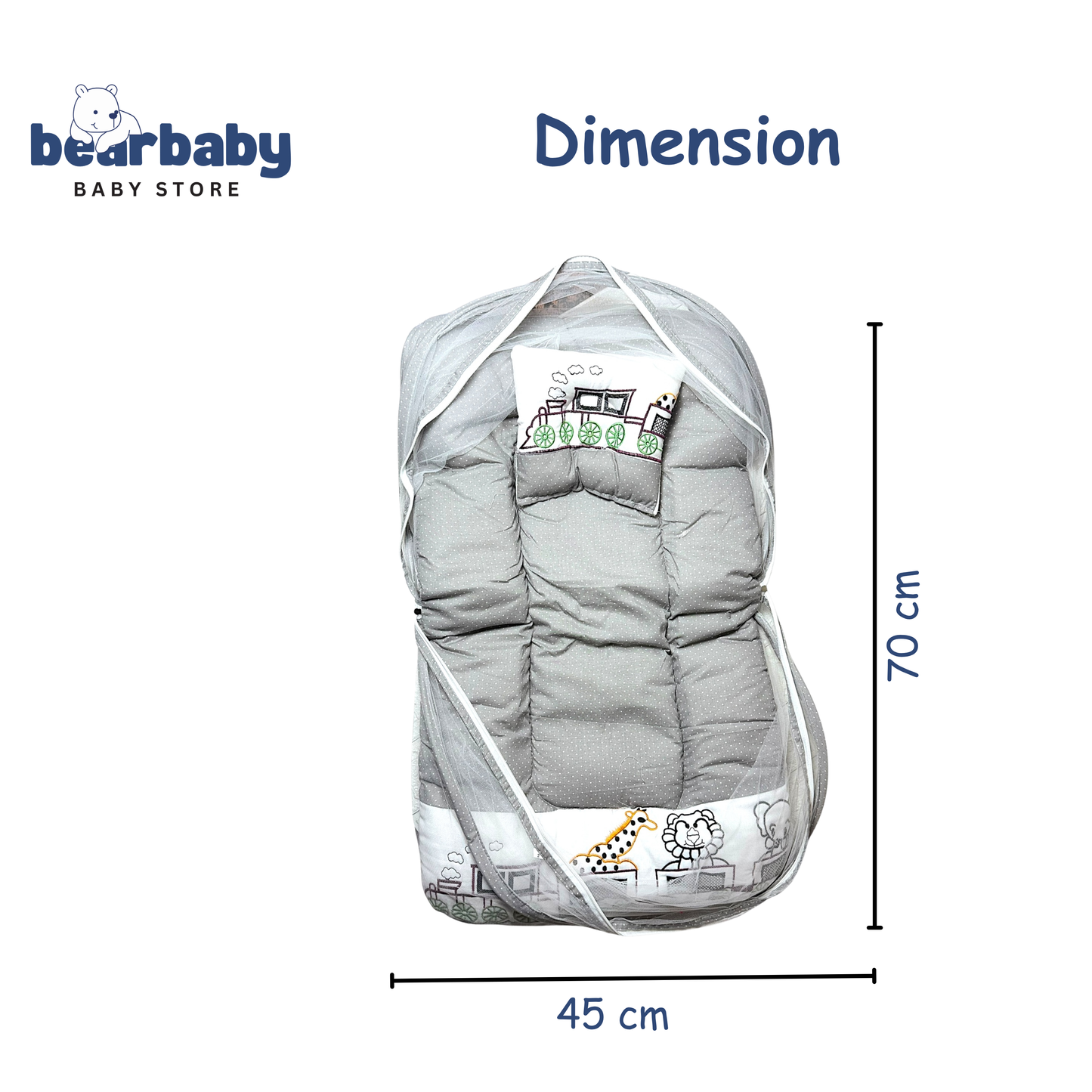 Premium EmbroideryBaby Bed with Thick Mattress & Mosquito Net & Neck Pillowwith Zip Closure