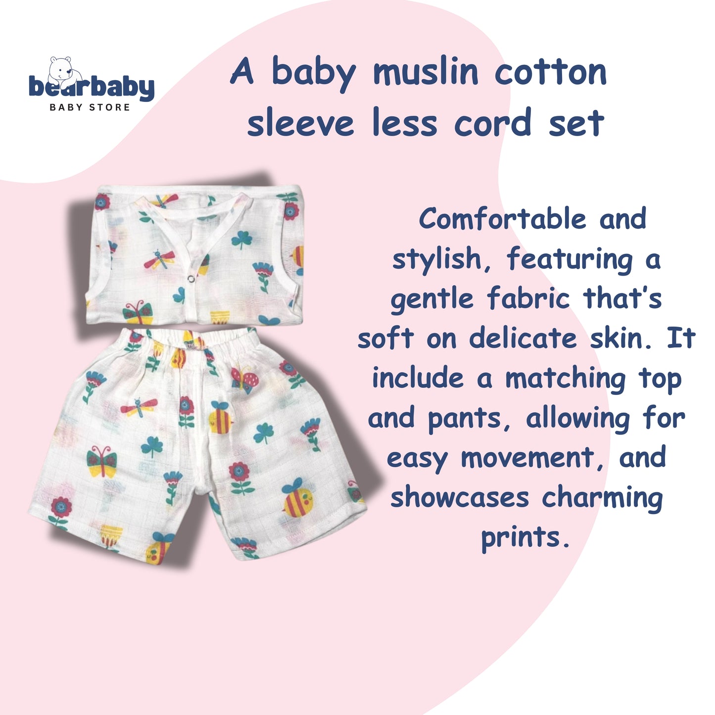 Baby Unisex Organic Cotton Muslin  Sleevless Jhabla & Payjama Set - Size 3m-6m- Bee Print
