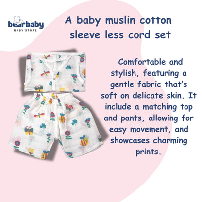 Baby Unisex Organic Cotton Muslin  Sleevless Jhabla & Payjama Set - Size 3m-6m- Bee Print