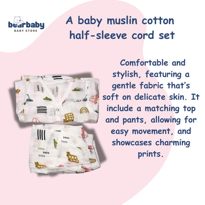 Baby Unisex Organic Cotton Muslin Full Sleeves Jhabla & Payjama Set - Size 6m-9m-Car Print
