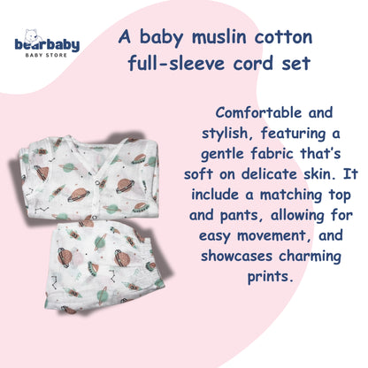 Baby Unisex Organic Cotton Muslin Full Sleeves Jhabla & Payjama Set - Size 6m-9m-Print2