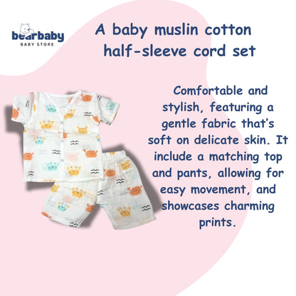 Baby Unisex Organic Cotton Muslin  Half Sleeves  Jhabla & Payjama Set - Size 6m-9m-Crab Print
