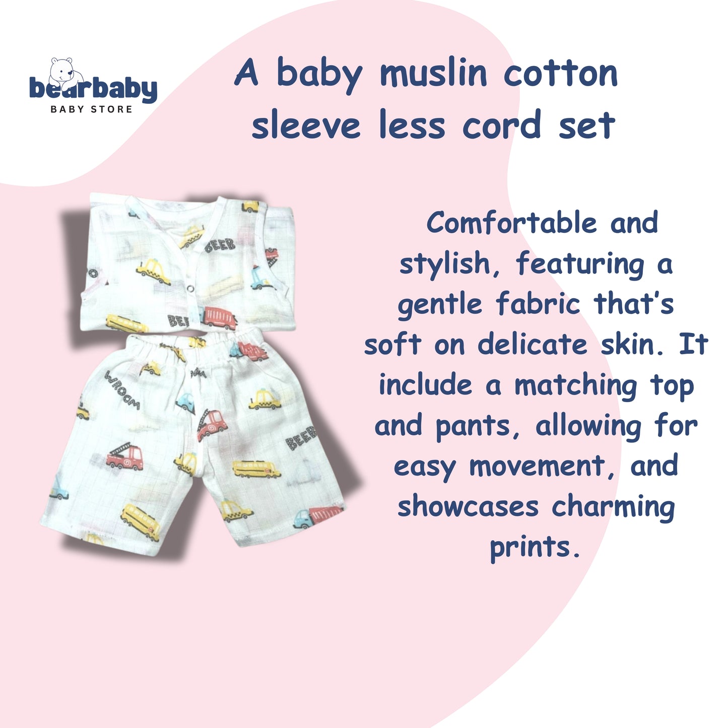 Baby Unisex Organic Cotton Muslin  Sleevless Jhabla & Payjama Set - Size 3m-6m-Truck Print