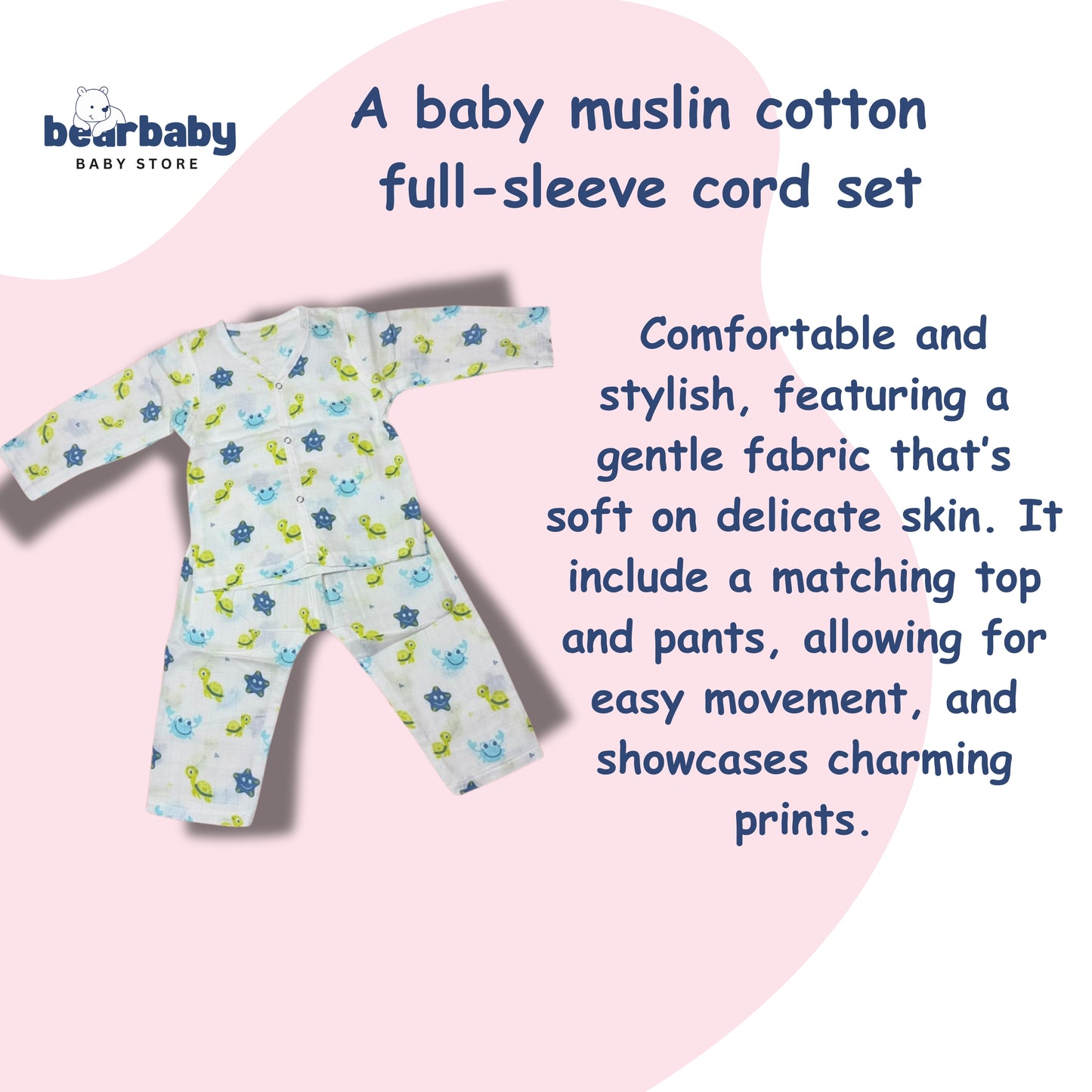 Baby Unisex Organic Cotton Muslin Full Sleeves Jhabla & Payjama Set - Size 9m-12m-Trutle Print