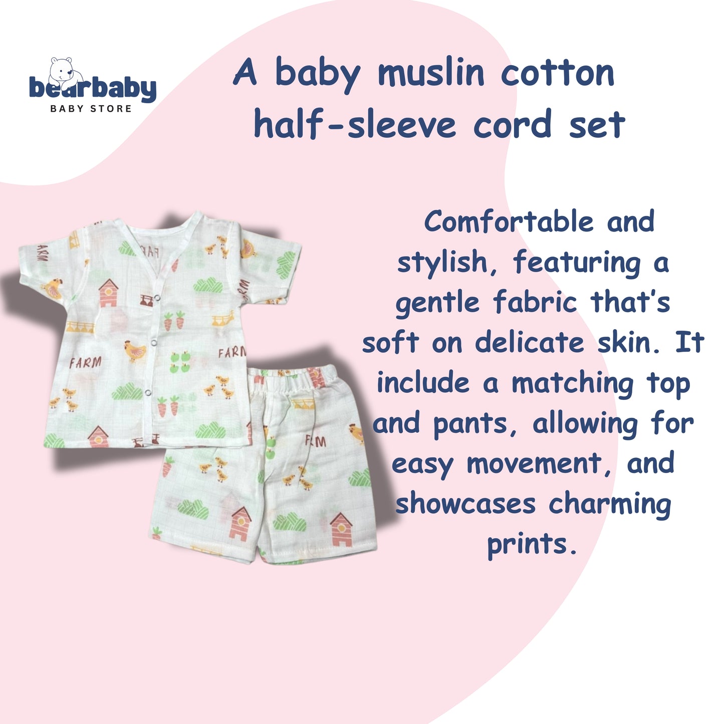 Baby Unisex Organic Cotton Muslin  Half Sleeves  Jhabla & Payjama Set - Size 6m-9m-Farm Print