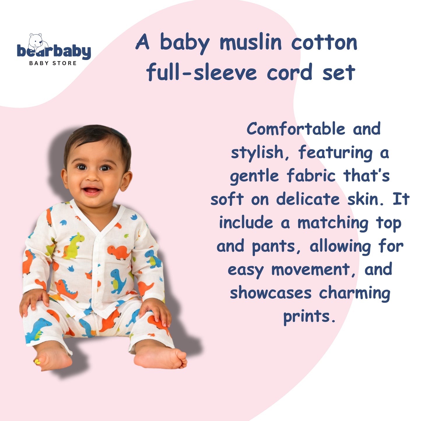 Baby Unisex Organic Cotton Muslin Full Sleeves Jhabla & Payjama Set - Size 9m-12m-Rino Print
