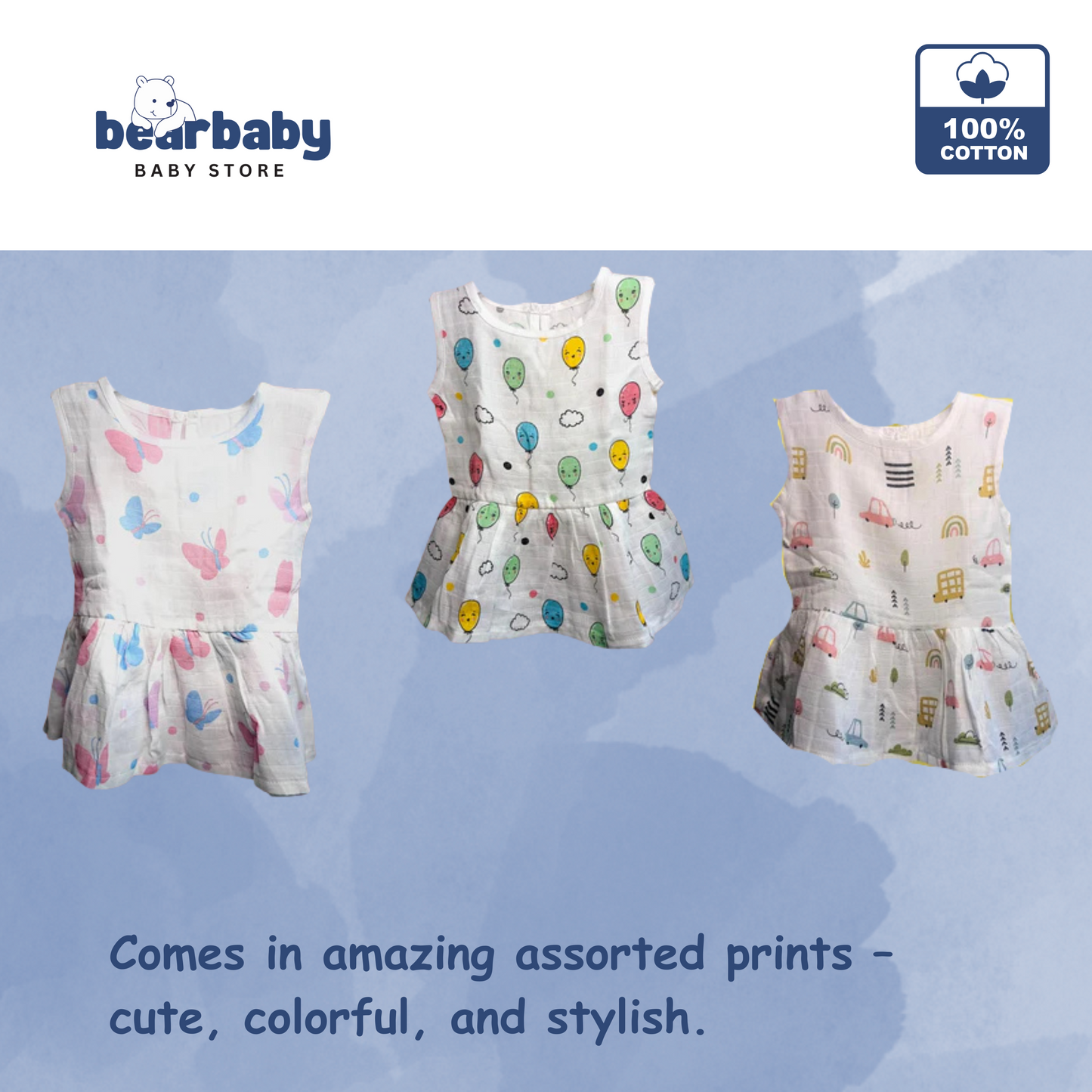 Baby Girl Organic Cotton Sleeveless Frock-Size6M-12M-Combo Pack of 3-Assorted Prints 2