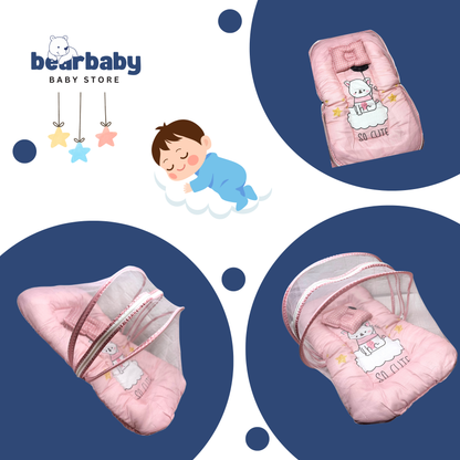 Baby Bed with Thick Mattress & Mosquito Net & Neck Pillowwith Zip Closure-Penguin Hello Winter