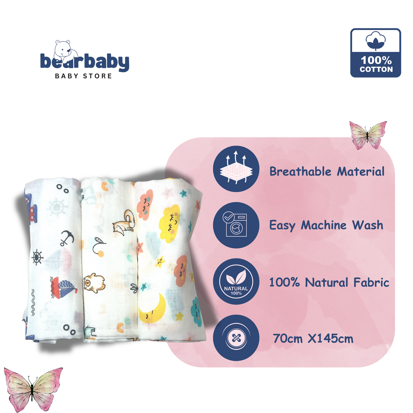 Muslin Soft Cotton Swaddle/Baby Wrapper-Size 100cm*100cm-Combo Pack of 3-Assorted Prints3