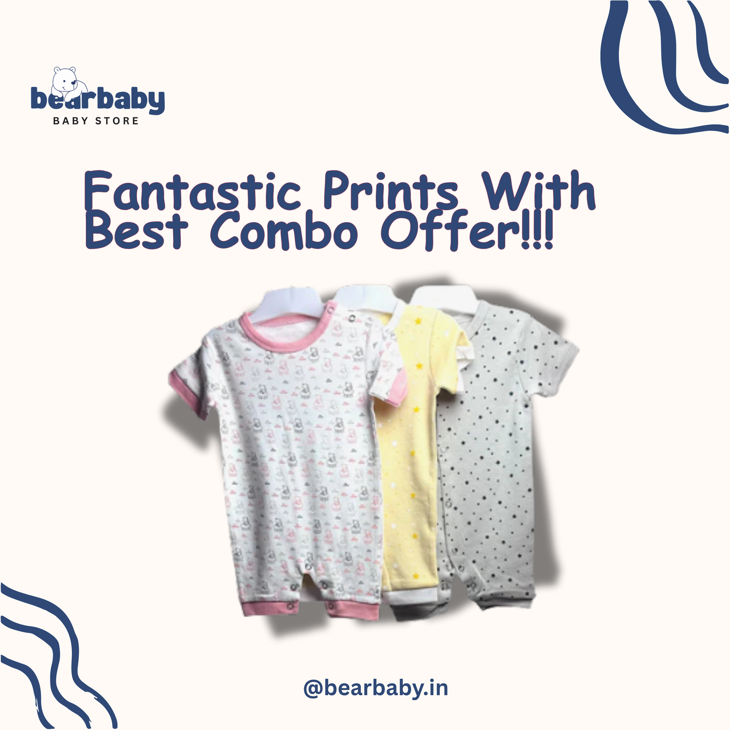 Baby Cotton Jumpsuit-UniSex 9m-12m-Combo Pack of 3-Assorted Prints 9