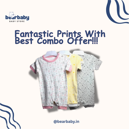 Baby Cotton Jumpsuit-UniSex 9m-12m-Combo Pack of 3-Assorted Prints 9