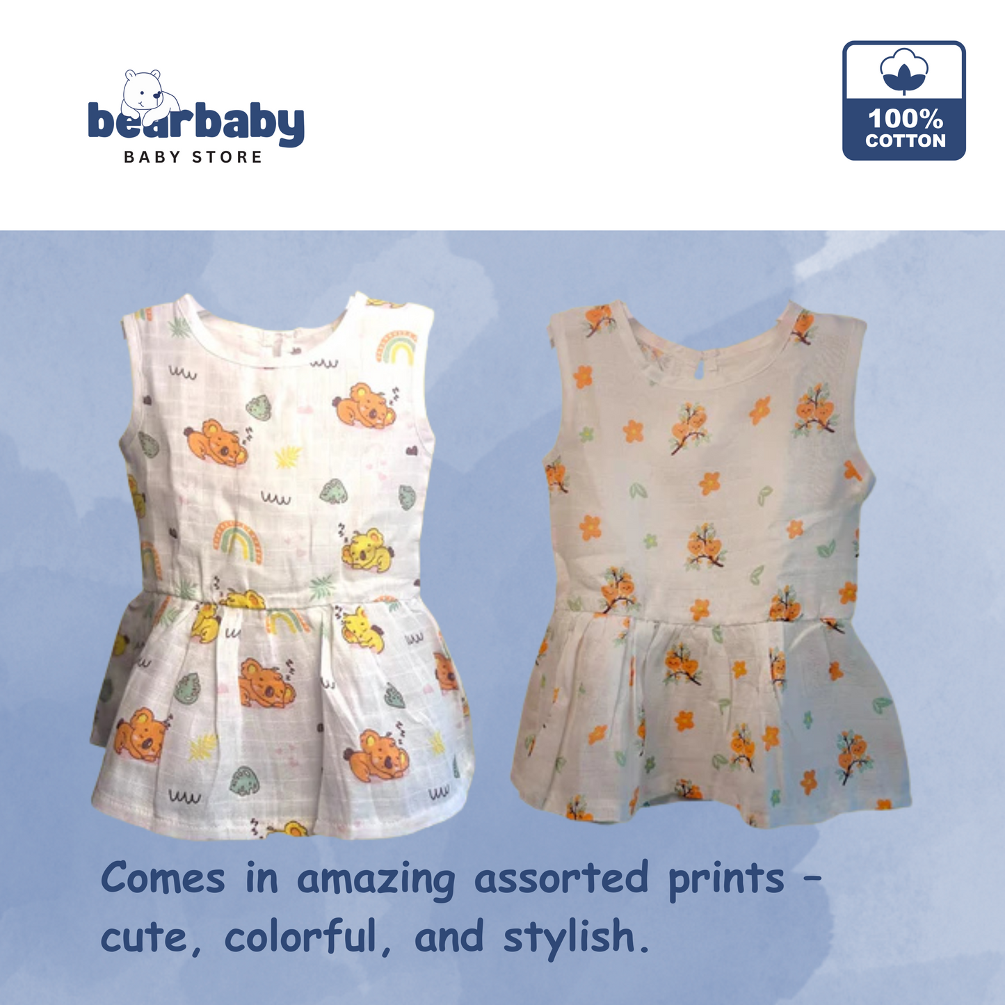 Baby Girl Organic Cotton Sleeveless Frock-Size(3M-6M)-Pack of 2-Assorted Prints 1