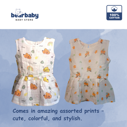 Baby Girl Organic Cotton Sleeveless Frock-Size(3M-6M)-Pack of 2-Assorted Prints 1