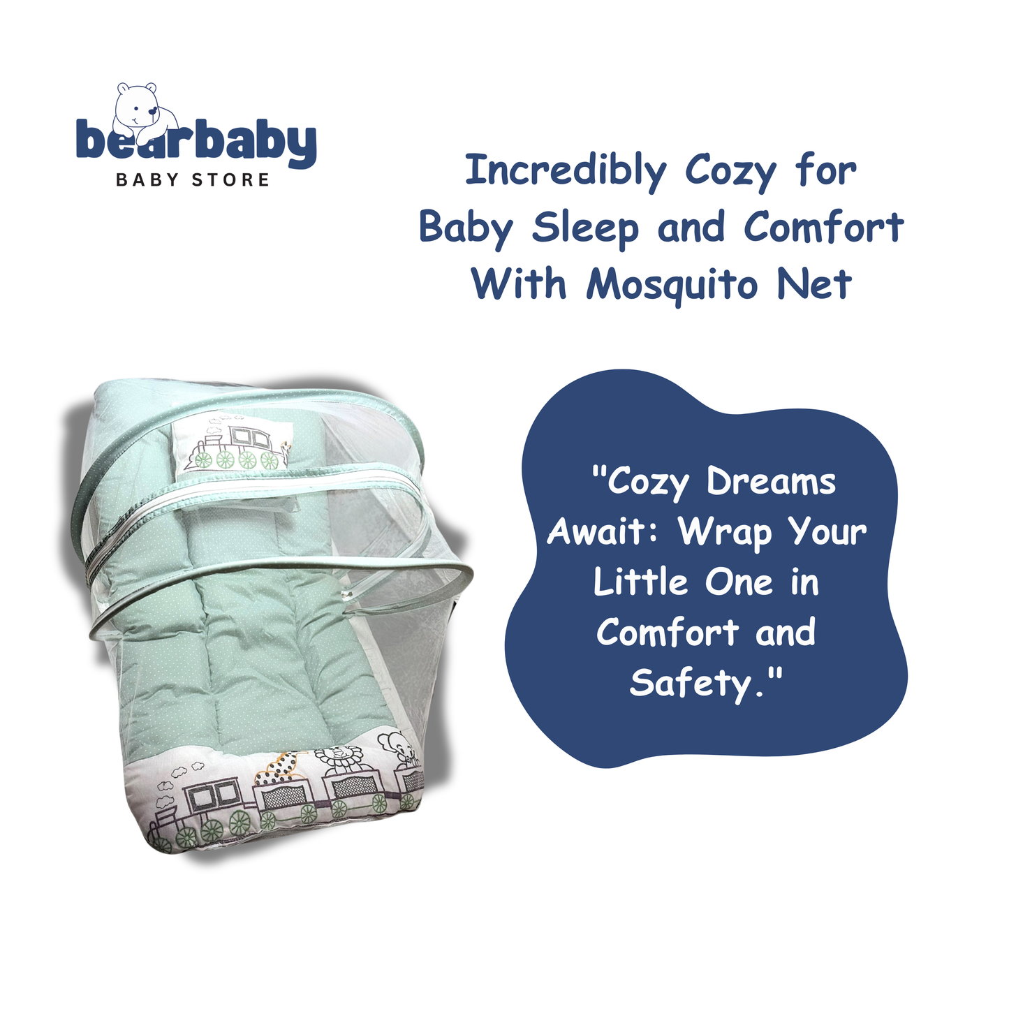 Premium EmbroideryBaby Bed with Thick Mattress & Mosquito Net & Neck Pillowwith Zip Closure