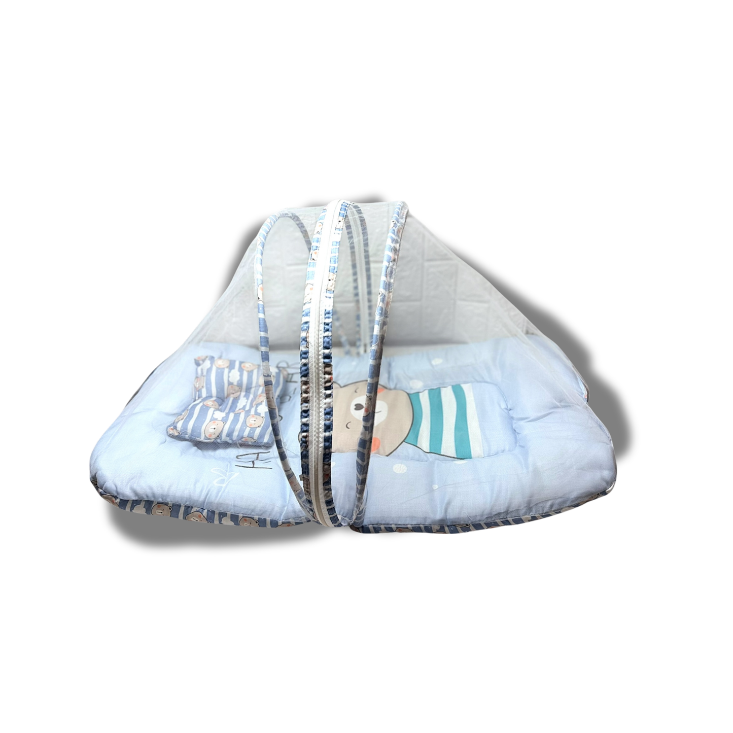 Baby Bed with Thick Mattress & Mosquito Net & Neck Pillowwith Zip Closure-Happy Bear