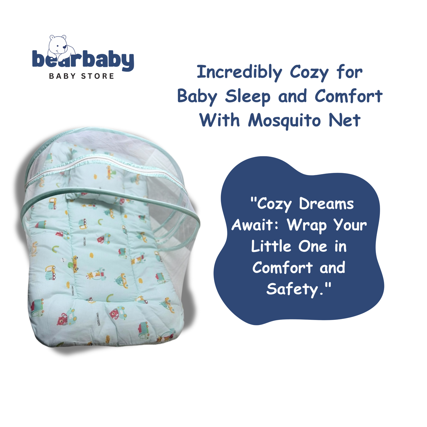 Baby Bed with Thick Mattress & Mosquito Net & Neck Pillowwith Zip Closure-Animal Print