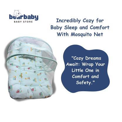 Baby Bed with Thick Mattress & Mosquito Net & Neck Pillowwith Zip Closure-Animal Print