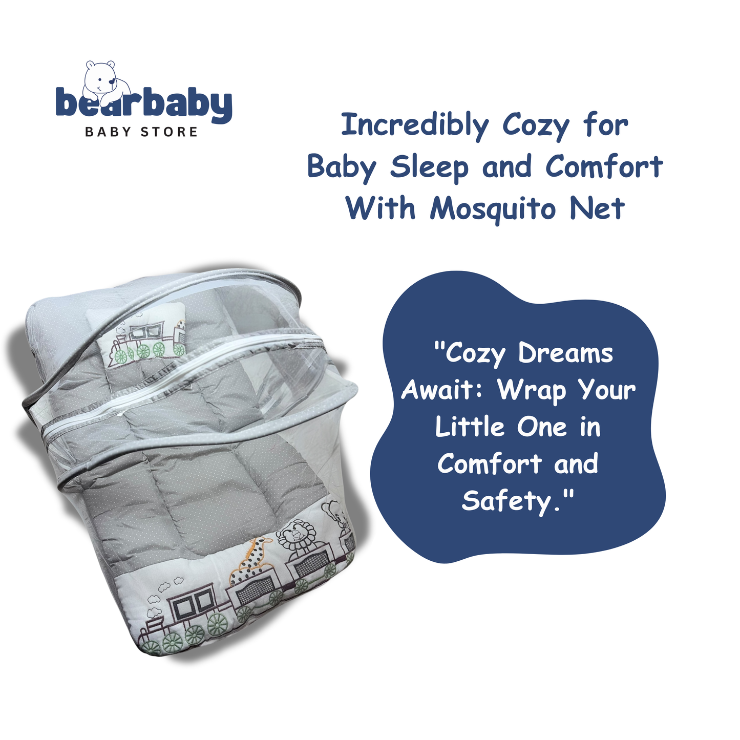 Premium EmbroideryBaby Bed with Thick Mattress & Mosquito Net & Neck Pillowwith Zip Closure