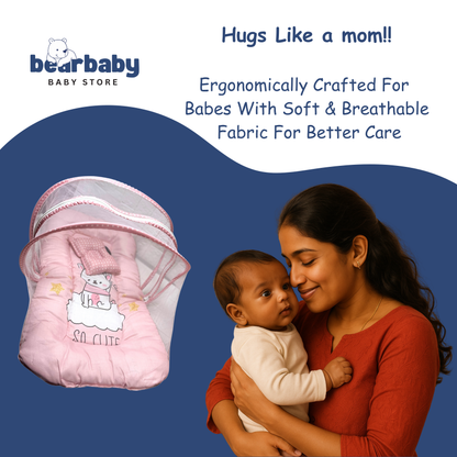 Baby Bed with Thick Mattress & Mosquito Net & Neck Pillowwith Zip Closure-Penguin Hello Winter