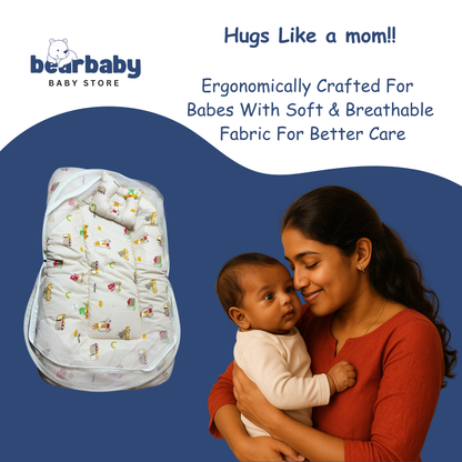 Baby Bed with Thick Mattress & Mosquito Net & Neck Pillowwith Zip Closure-Animal Print