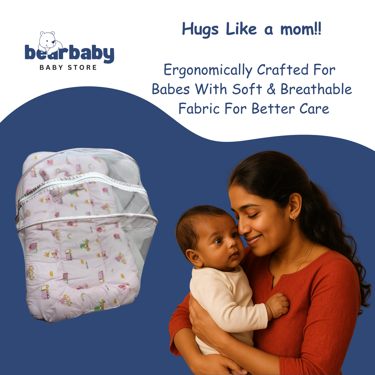 Baby Bed with Thick Mattress & Mosquito Net & Neck Pillowwith Zip Closure-Animal Print