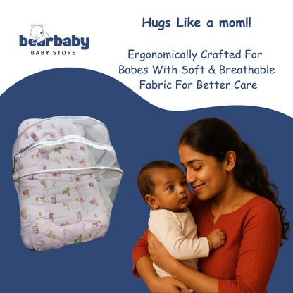 Baby Bed with Thick Mattress & Mosquito Net & Neck Pillowwith Zip Closure-Animal Print